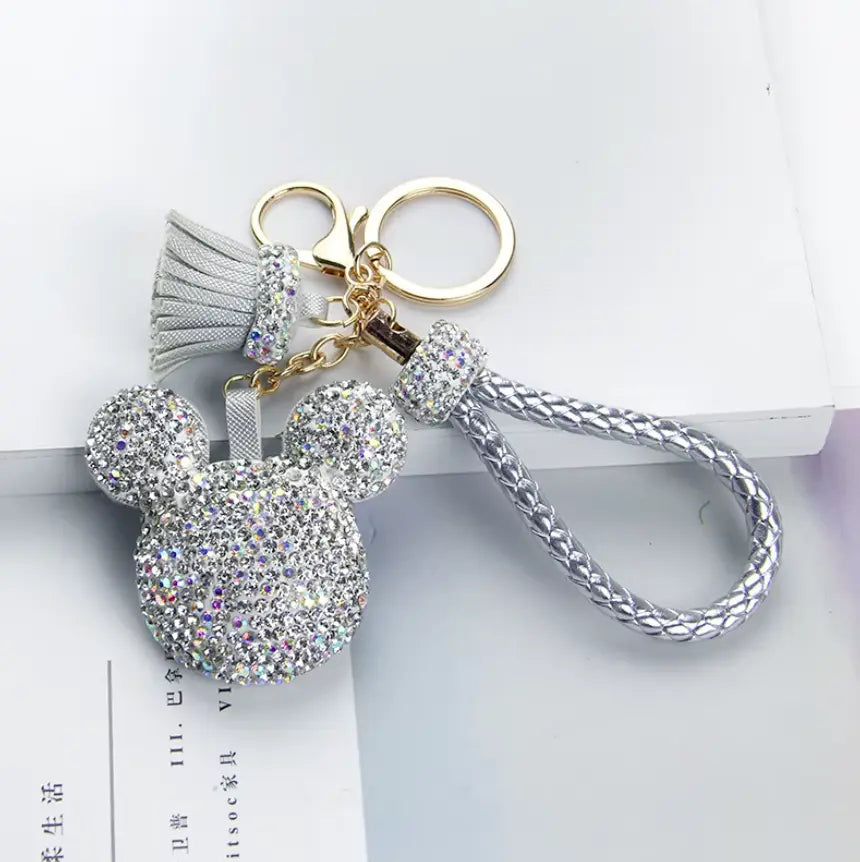 Rhinestones Girls Tassel Bag Charms Diamond Car PU Leather Cat, Dog, Heart Design Keychains