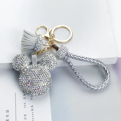 Rhinestones Girls Tassel Bag Charms Diamond Car PU Leather Cat, Dog, Heart Design Keychains