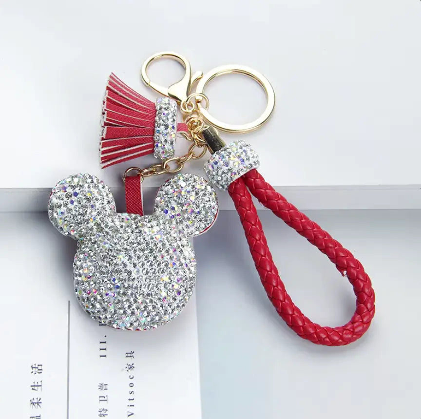 Rhinestones Girls Tassel Bag Charms Diamond Car PU Leather Cat, Dog, Heart Design Keychains