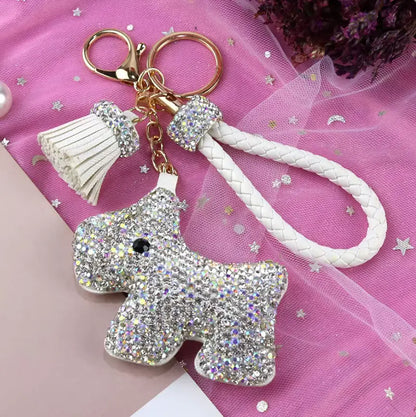 Rhinestones Girls Tassel Bag Charms Diamond Car PU Leather Cat, Dog, Heart Design Keychains