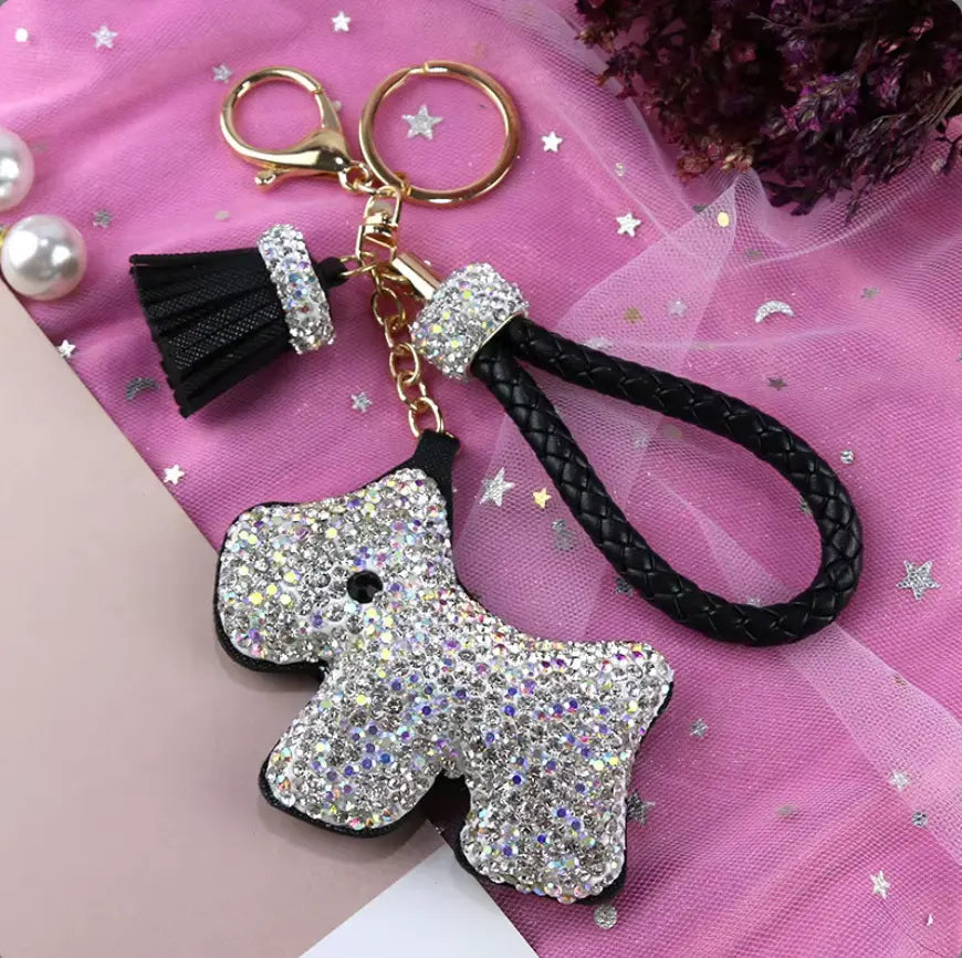 Rhinestones Girls Tassel Bag Charms Diamond Car PU Leather Cat, Dog, Heart Design Keychains