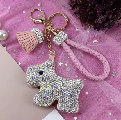 Rhinestones Girls Tassel Bag Charms Diamond Car PU Leather Cat, Dog, Heart Design Keychains