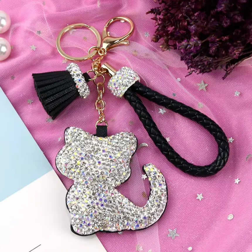 Rhinestones Girls Tassel Bag Charms Diamond Car PU Leather Cat, Dog, Heart Design Keychains