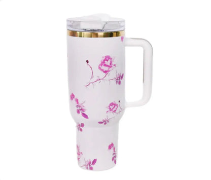 New Gold Plating Design Stainless Steel Floral Mug Cup 40oz Flower Tumbler with Straw