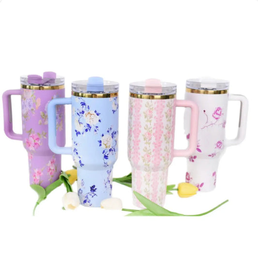 New Gold Plating Design Stainless Steel Floral Mug Cup 40oz Flower Tumbler with Straw