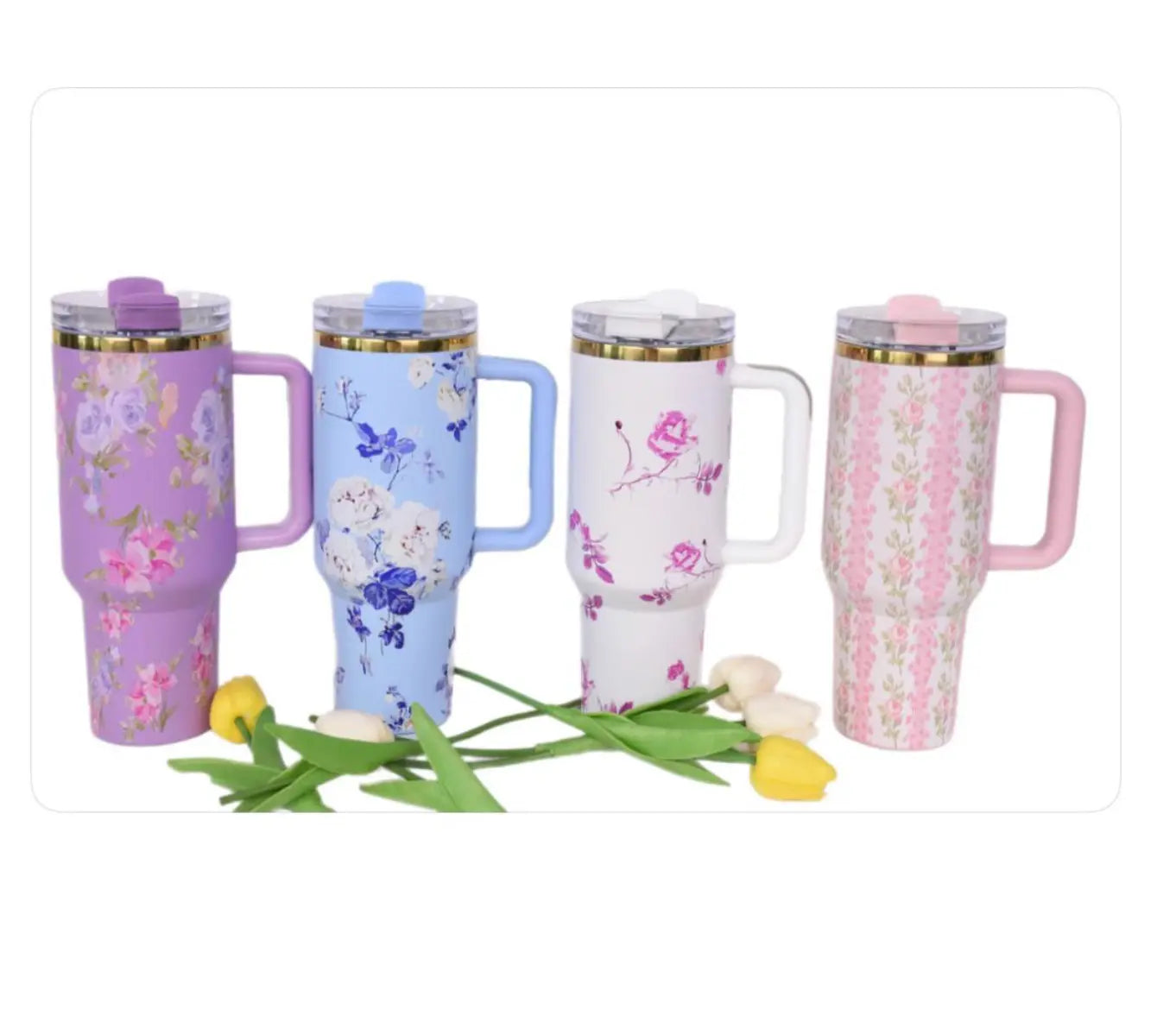 New Gold Plating Design Stainless Steel Floral Mug Cup 40oz Flower Tumbler with Straw