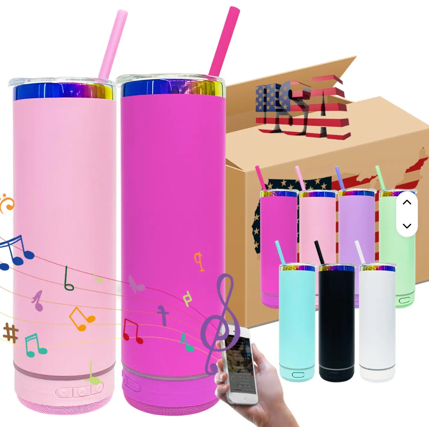New Fendiz Music Speaker Mug Tumbler with Straw and Lid, 20oz Sublimation Skinny Stainless Steel Double Wall Tumbler