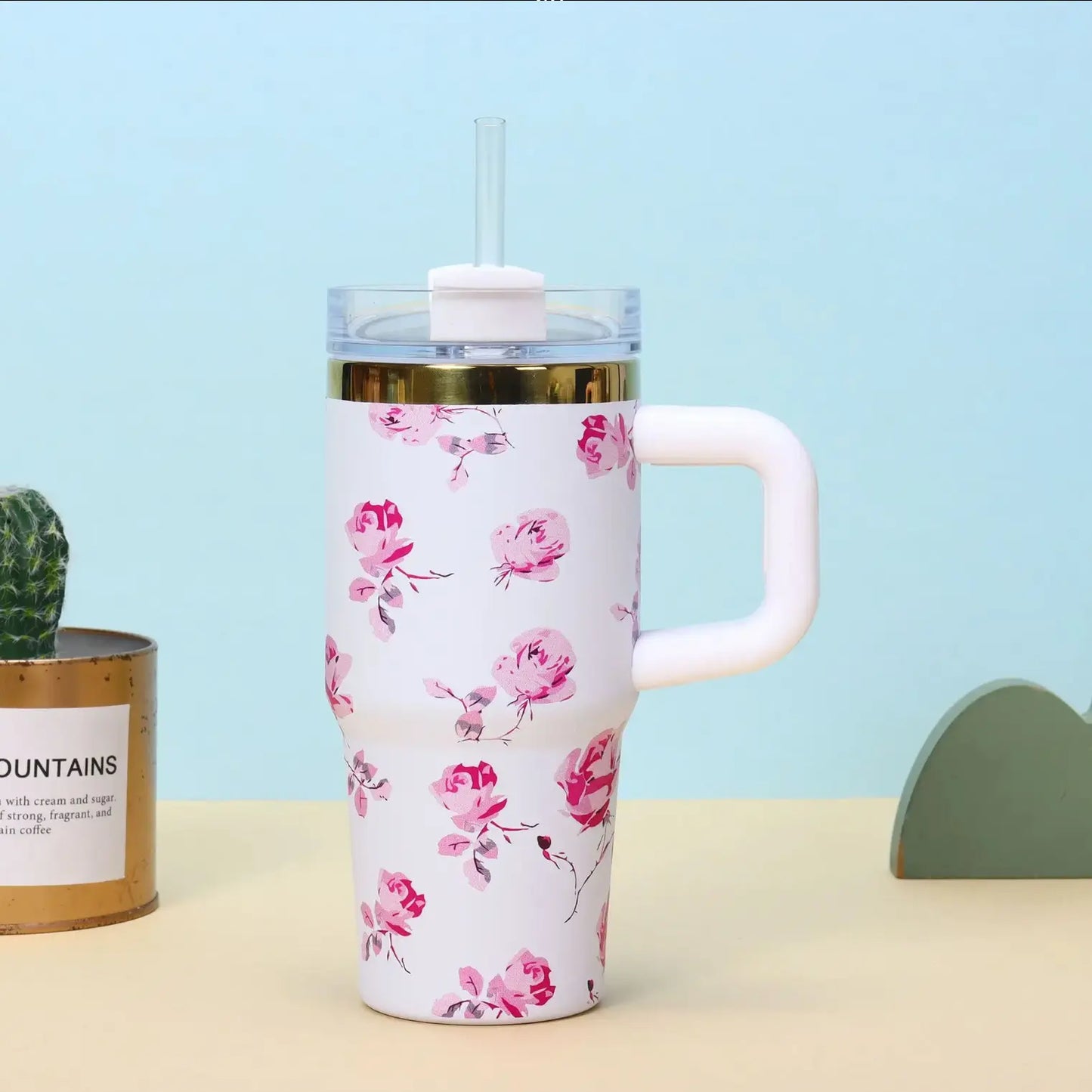 BPA Free 14oz Stainless Steel Vacuum Insulated Mug Travel Tumbler With Handle Straw