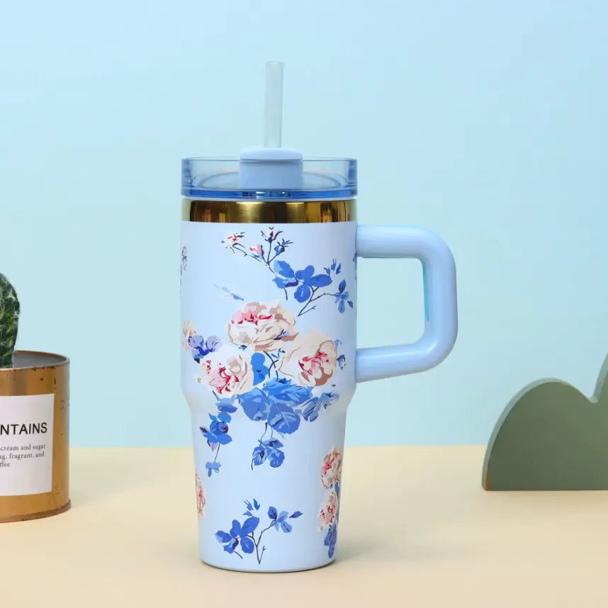 BPA Free 14oz Stainless Steel Vacuum Insulated Mug Travel Tumbler With Handle Straw