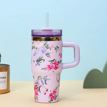 BPA Free 14oz Stainless Steel Vacuum Insulated Mug Travel Tumbler With Handle Straw