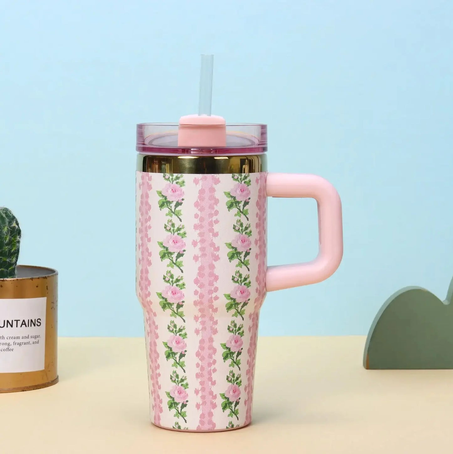 BPA Free 14oz Stainless Steel Vacuum Insulated Mug Travel Tumbler With Handle Straw