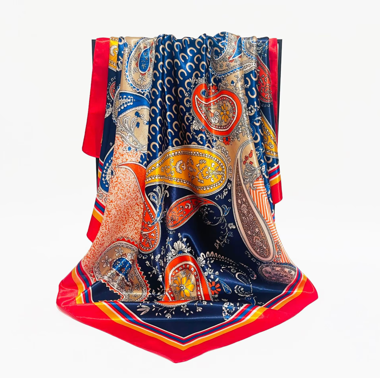 Colorful paisley patterned scarf on a white background