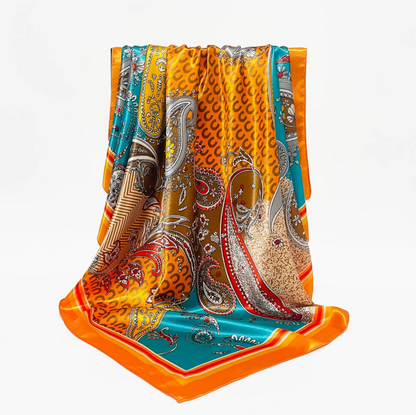 Colorful patterned scarf with orange, blue, and brown colors on a white background