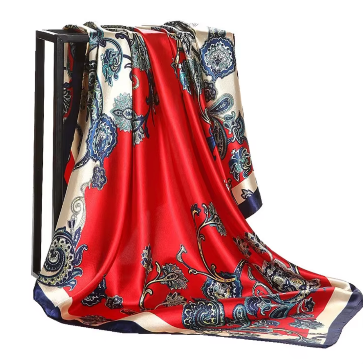 Decorative scarf with red, blue, and beige pattern on a white background