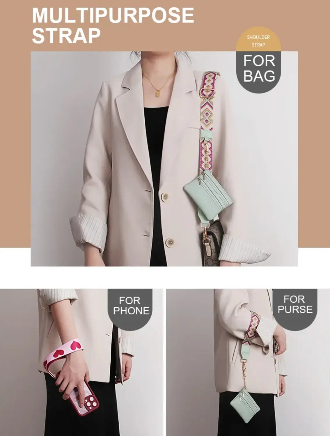 New Cross Body Phone String with Zipper Wallet Pouch – Phone Chain Purse Badge Holder