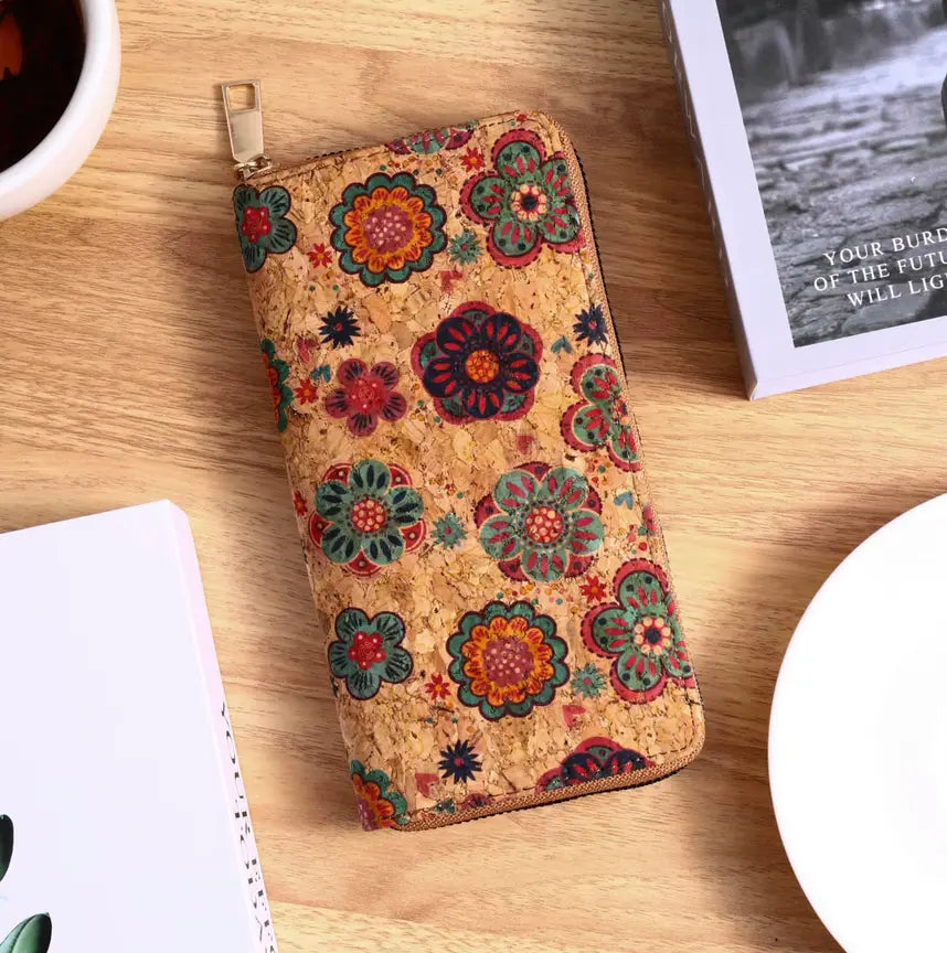 Vintage Cross-Border Bohemian Purse PU Clutch with Multiple Card Slots and Wood Grain Zipper