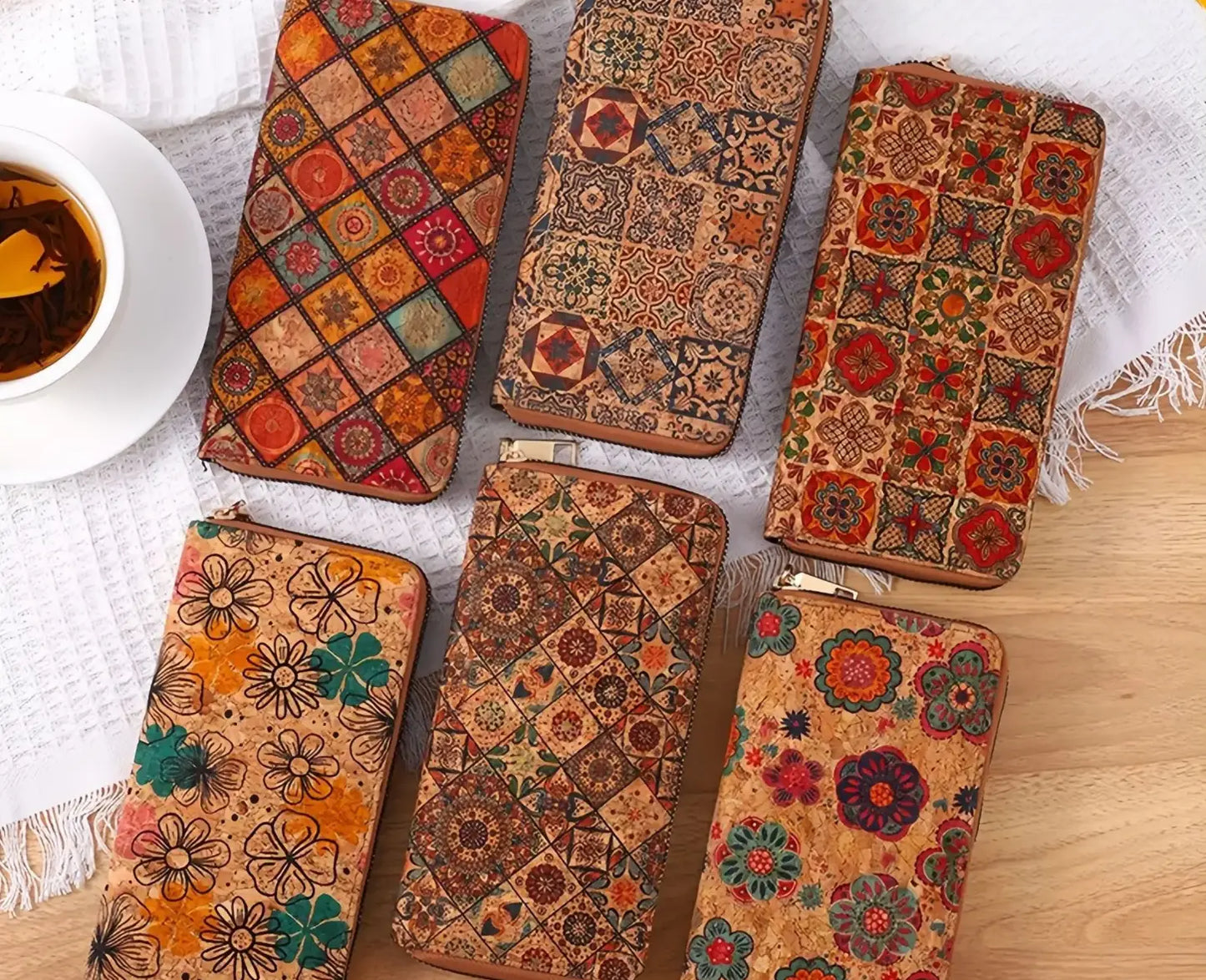 Vintage Cross-Border Bohemian Purse PU Clutch with Multiple Card Slots and Wood Grain Zipper