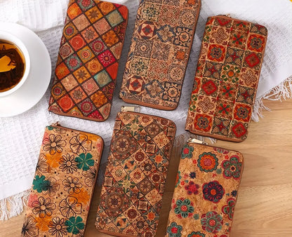 Vintage Cross-Border Bohemian Purse PU Clutch with Multiple Card Slots and Wood Grain Zipper