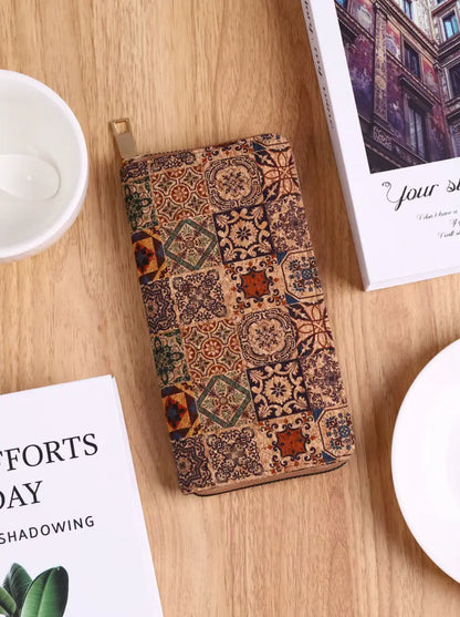 Vintage Cross-Border Bohemian Purse PU Clutch with Multiple Card Slots and Wood Grain Zipper