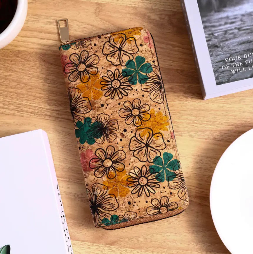 Vintage Cross-Border Bohemian Purse PU Clutch with Multiple Card Slots and Wood Grain Zipper