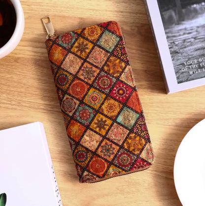 Vintage Cross-Border Bohemian Purse PU Clutch with Multiple Card Slots and Wood Grain Zipper