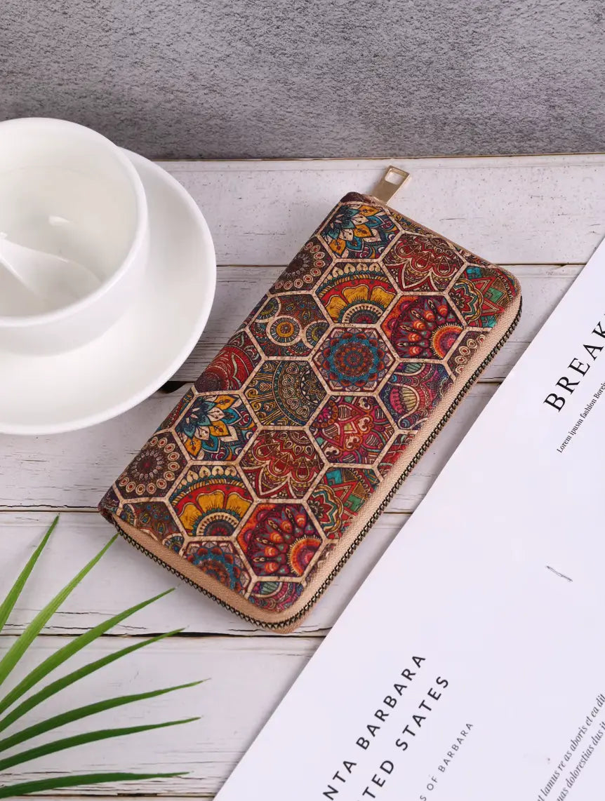 Vintage Cross-Border Bohemian Purse PU Clutch with Multiple Card Slots and Wood Grain Zipper