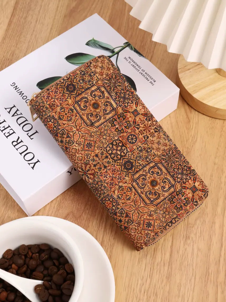 Vintage Cross-Border Bohemian Purse PU Clutch with Multiple Card Slots and Wood Grain Zipper