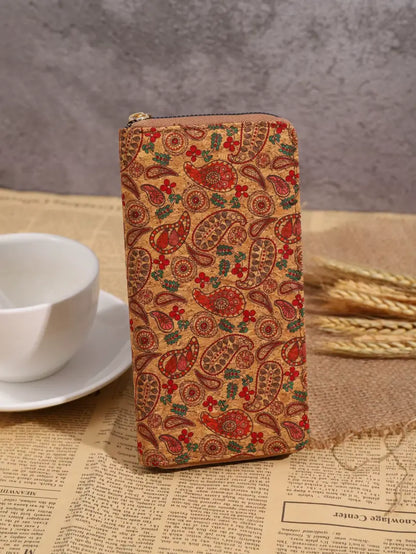 Vintage Cross-Border Bohemian Purse PU Clutch with Multiple Card Slots and Wood Grain Zipper