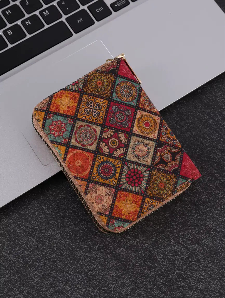 Vintage Cross-Border Bohemian Purse PU Clutch with Multiple Card Slots and Wood Grain Zipper