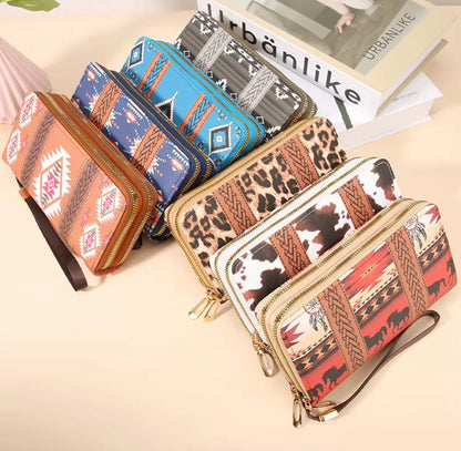 New Classic boho style clutch PU Leather Double Layer Zipper Clutch Bag Large Capacity Wallet