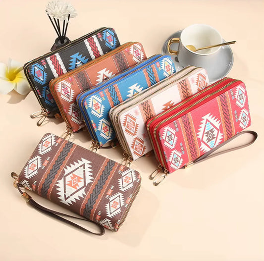 New Classic boho style clutch PU Leather Double Layer Zipper Clutch Bag Large Capacity Wallet