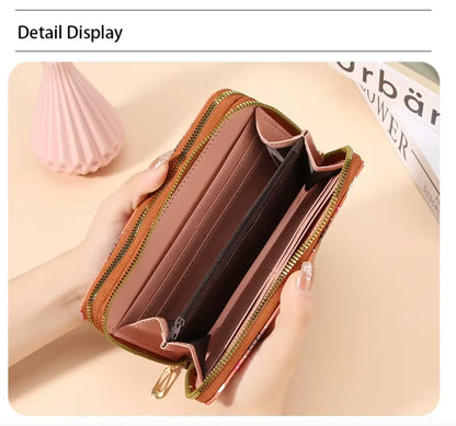 New Classic boho style clutch PU Leather Double Layer Zipper Clutch Bag Large Capacity Wallet