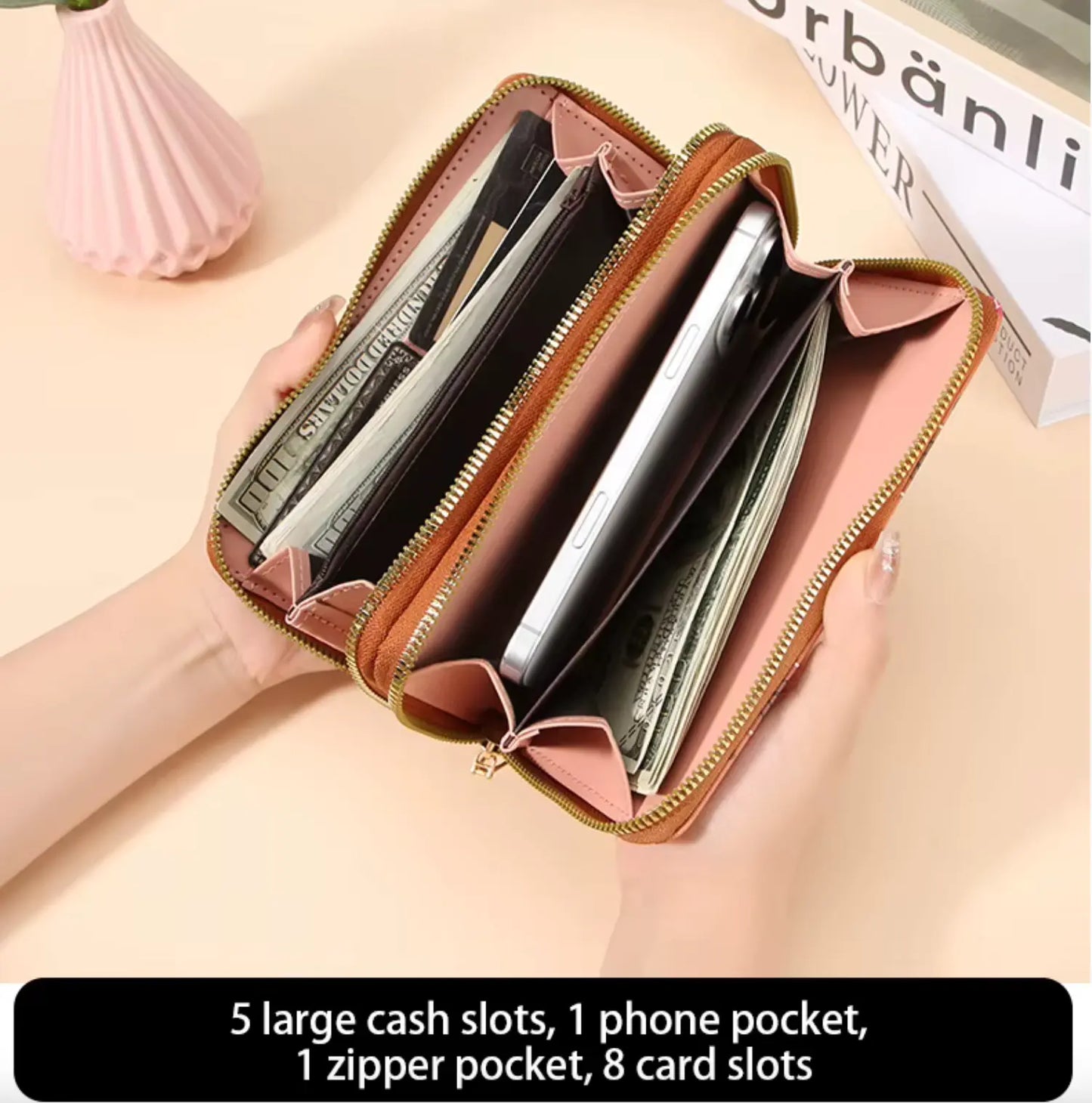 New Classic boho style clutch PU Leather Double Layer Zipper Clutch Bag Large Capacity Wallet