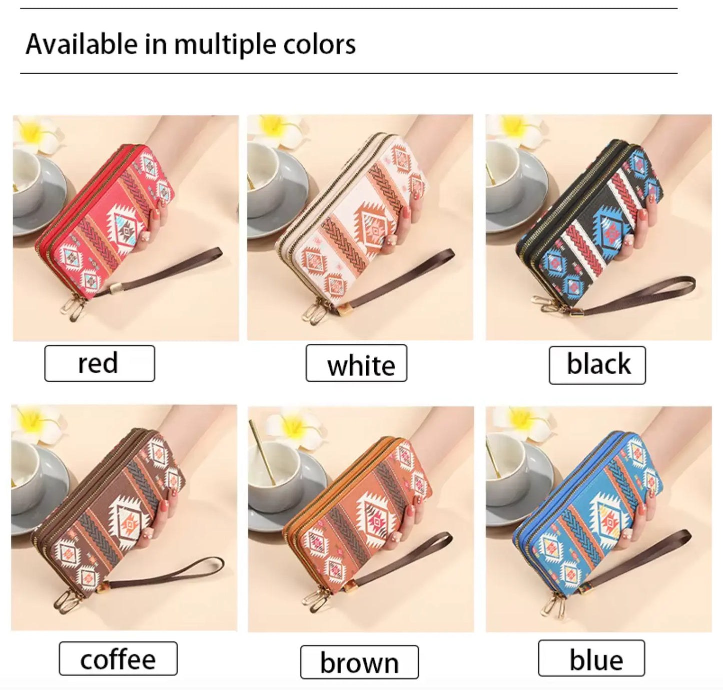 New Classic boho style clutch PU Leather Double Layer Zipper Clutch Bag Large Capacity Wallet