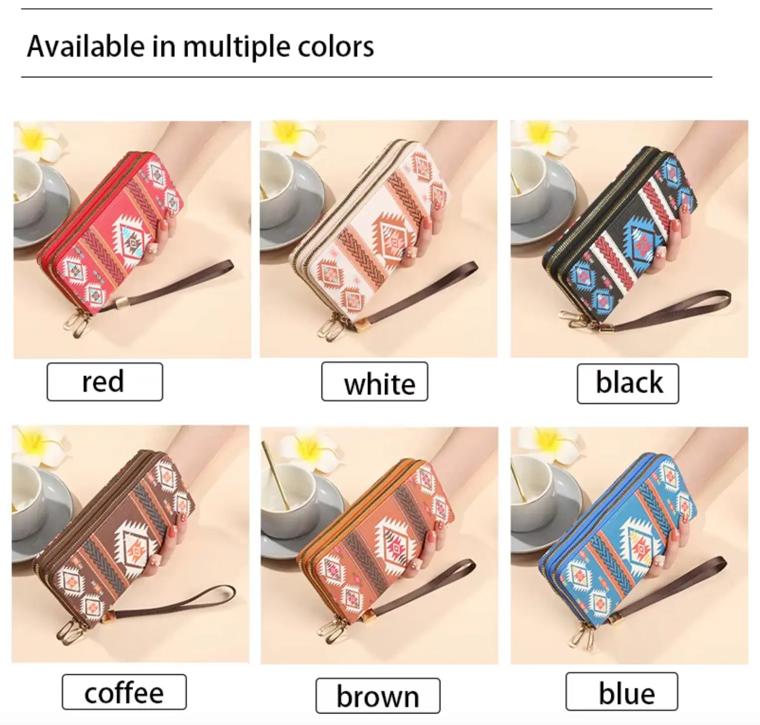 New Classic boho style clutch PU Leather Double Layer Zipper Clutch Bag Large Capacity Wallet