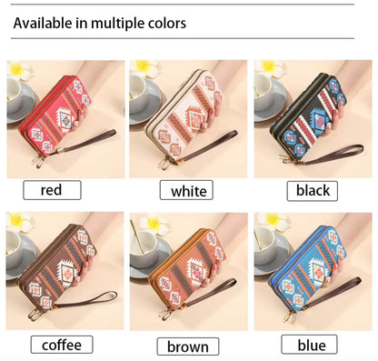 New Classic boho style clutch PU Leather Double Layer Zipper Clutch Bag Large Capacity Wallet