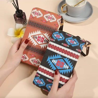 New Classic boho style clutch PU Leather Double Layer Zipper Clutch Bag Large Capacity Wallet