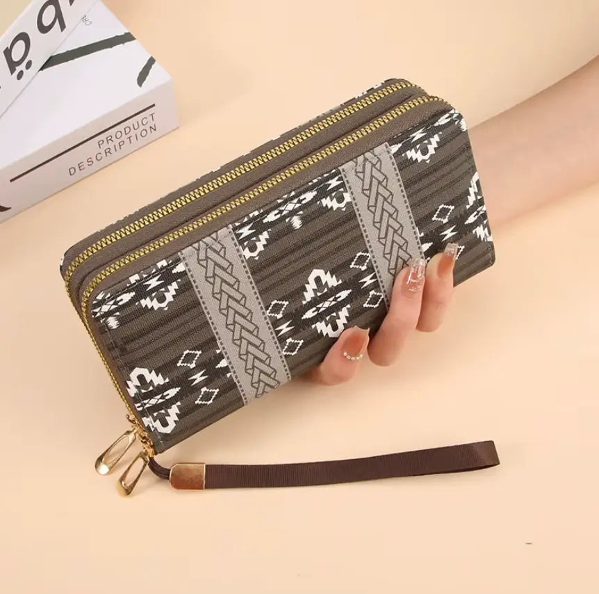 New Classic boho style clutch PU Leather Double Layer Zipper Clutch Bag Large Capacity Wallet