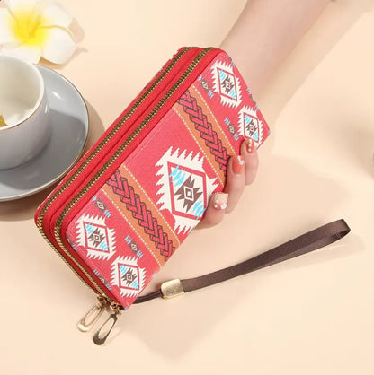 New Classic boho style clutch PU Leather Double Layer Zipper Clutch Bag Large Capacity Wallet