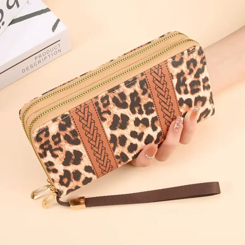 New Classic boho style clutch PU Leather Double Layer Zipper Clutch Bag Large Capacity Wallet