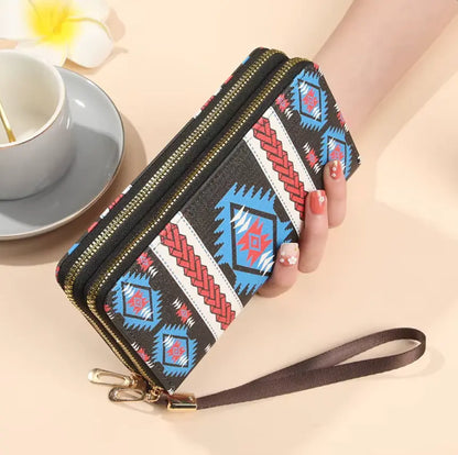 New Classic boho style clutch PU Leather Double Layer Zipper Clutch Bag Large Capacity Wallet