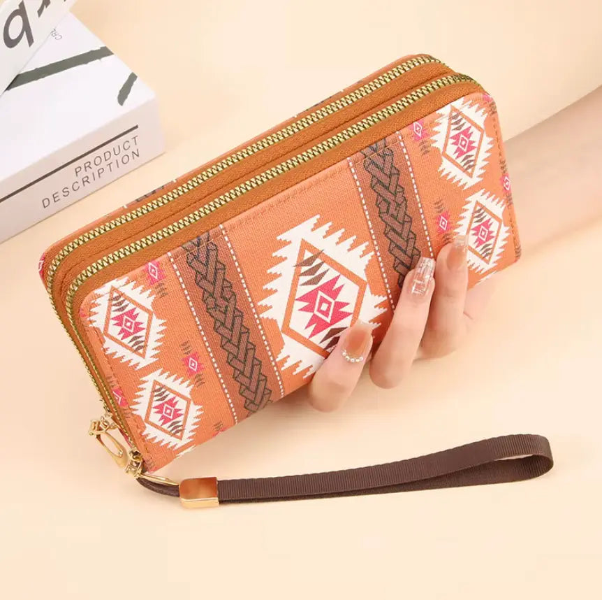 New Classic boho style clutch PU Leather Double Layer Zipper Clutch Bag Large Capacity Wallet