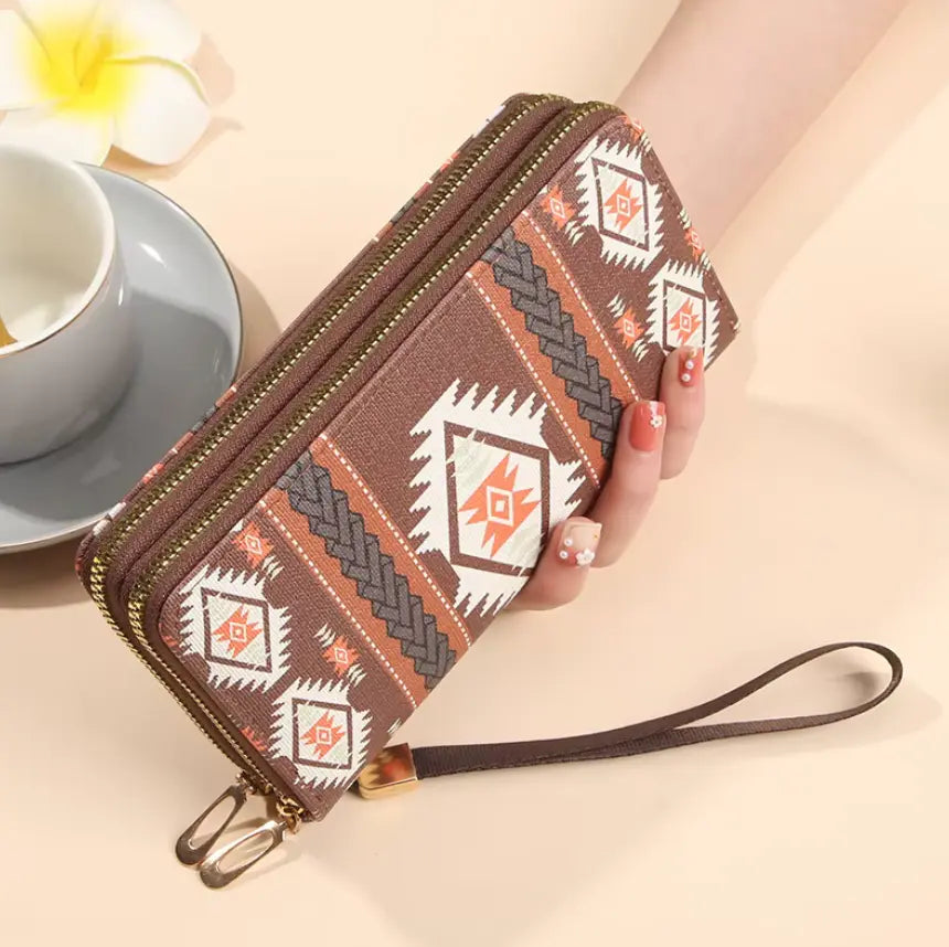 New Classic boho style clutch PU Leather Double Layer Zipper Clutch Bag Large Capacity Wallet