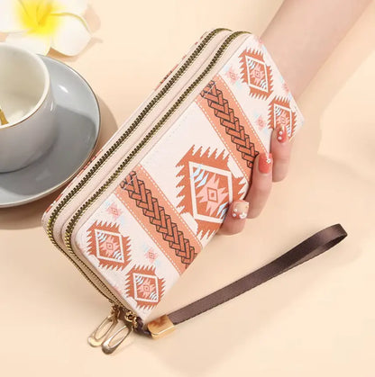 New Classic boho style clutch PU Leather Double Layer Zipper Clutch Bag Large Capacity Wallet
