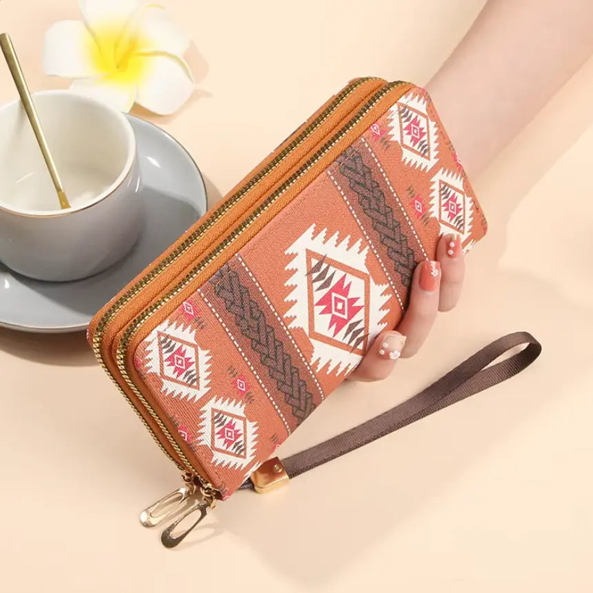New Classic boho style clutch PU Leather Double Layer Zipper Clutch Bag Large Capacity Wallet