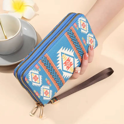 New Classic boho style clutch PU Leather Double Layer Zipper Clutch Bag Large Capacity Wallet
