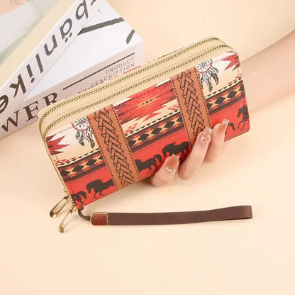 New Classic boho style clutch PU Leather Double Layer Zipper Clutch Bag Large Capacity Wallet