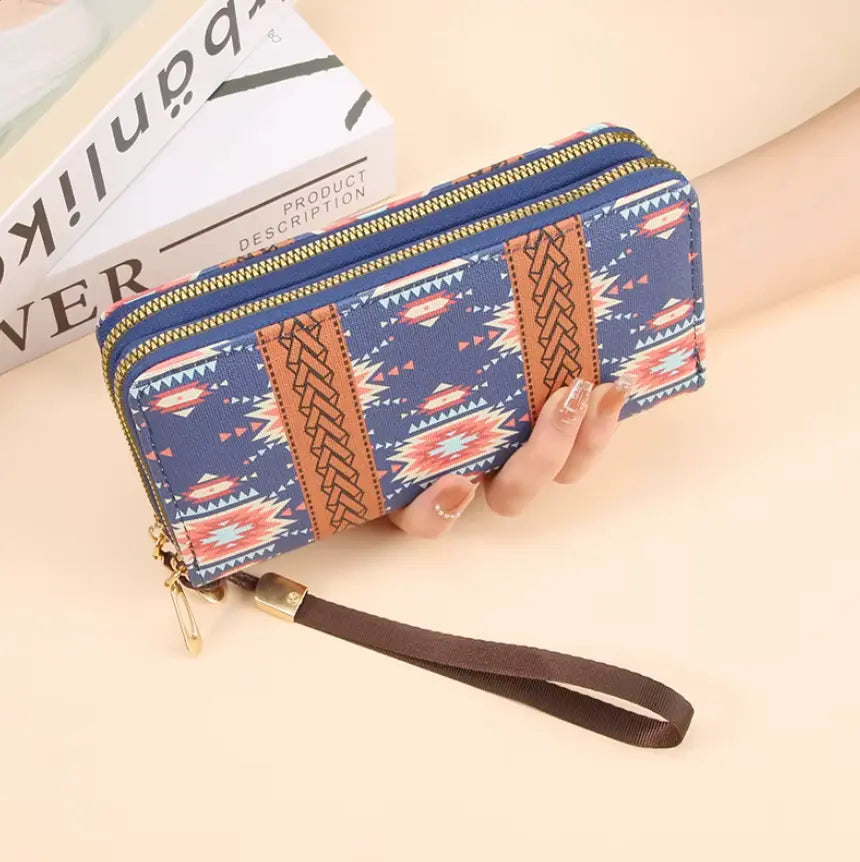 New Classic boho style clutch PU Leather Double Layer Zipper Clutch Bag Large Capacity Wallet