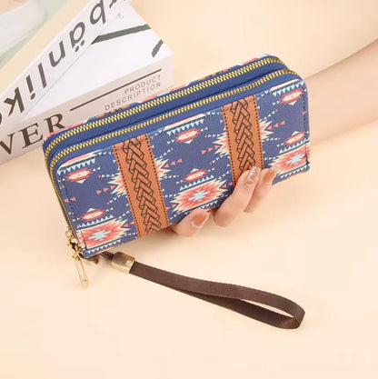 New Classic boho style clutch PU Leather Double Layer Zipper Clutch Bag Large Capacity Wallet