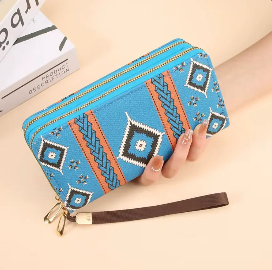 New Classic boho style clutch PU Leather Double Layer Zipper Clutch Bag Large Capacity Wallet